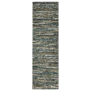 Ross Blue/Multi-Colored 2 ft. x 8 ft. Abstract Stripe Polypropylene/Polyester Fringed Indoor Runner Area Rug