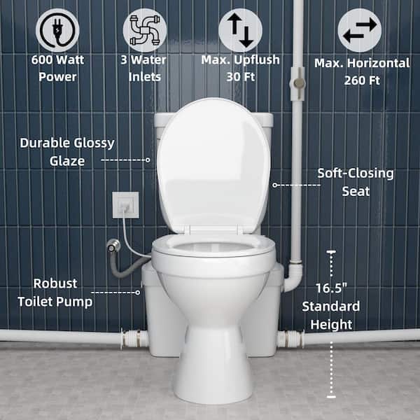 Macerating 2-Piece Toilet with 600W Macerator Pump in White, 1.6 GPF Single Flush, 16.5 in. Seat Height, Extension Pipes