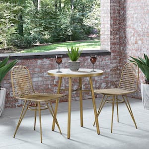 Panama White and Brass Outdoor Bistro Table with Marble Tile Top