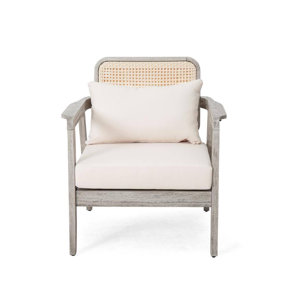 1-Piece Acacia Wood Outdoor Lounge Chair with Waterproof Beige Thick Cushio