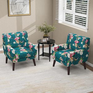 Mid-Century Modern Blue And Floral Pattern Linen Accent Arm Chair (Set of 2)