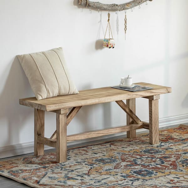 46'' Wooden Bench Farmhouse Entryway Organizer Retro Rustic Accent Seat Natural Wood Armless Design