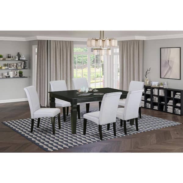 East West Furniture 7-Piece Black Finish Solid Wood Top Dining Table with 6 Parson-Chairs with Lattice Back