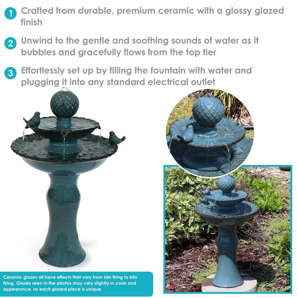Blue Ceramic 27" 2-Tier Outdoor Fountain with Birds