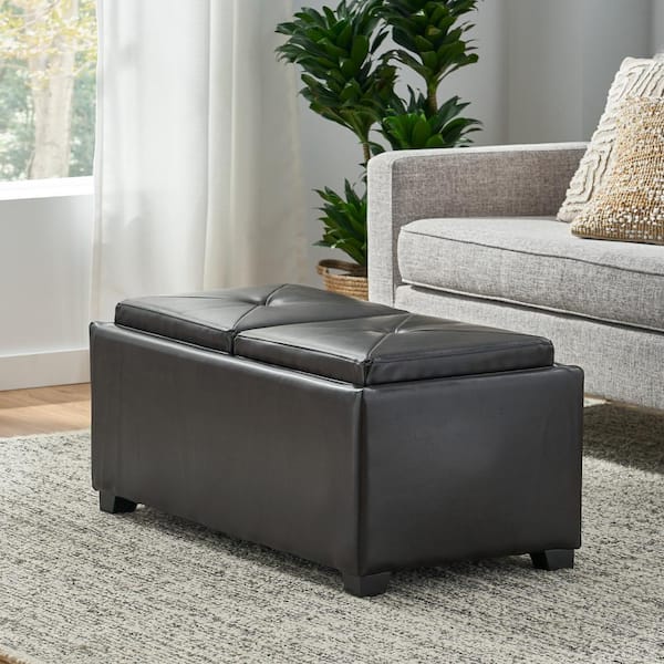 Noble House Maxwell Espresso Brown, Leather Ottoman With Tray Table