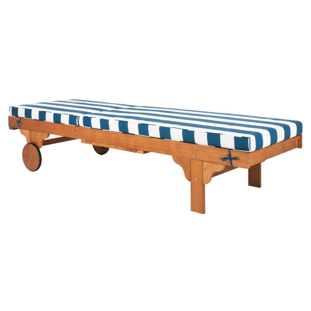 Natural Eucalyptus Wood Outdoor Chaise Lounge with Navy Striped Cushion