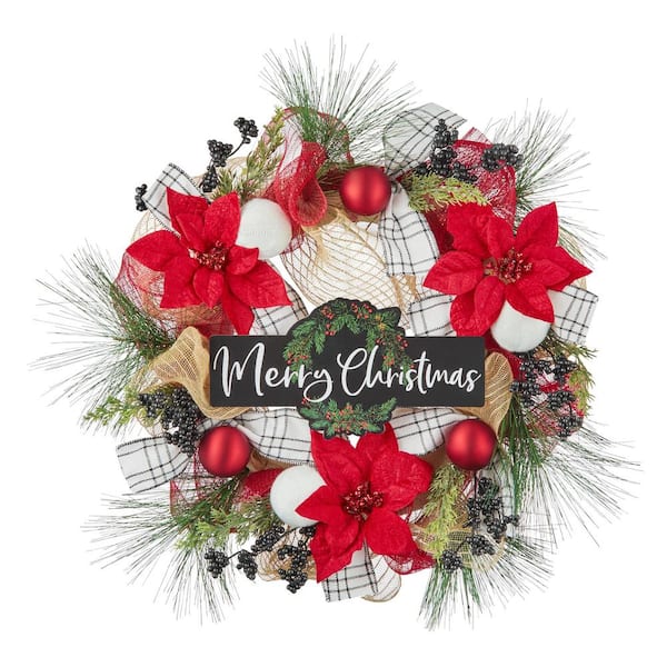 20 in. Poinsettia Merry Christmas Unlit Wreath