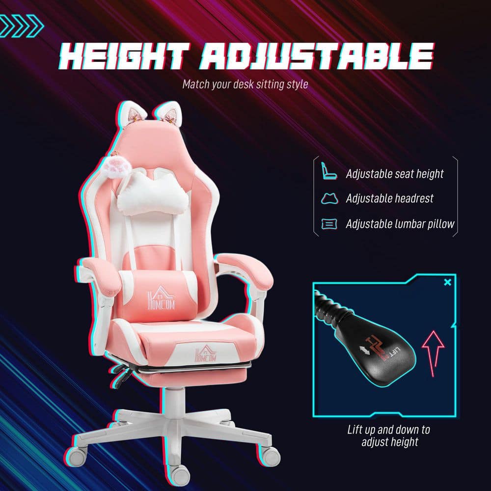 Pink Faux Leather Reclining Gaming Chair with Footrest and Cat Ears