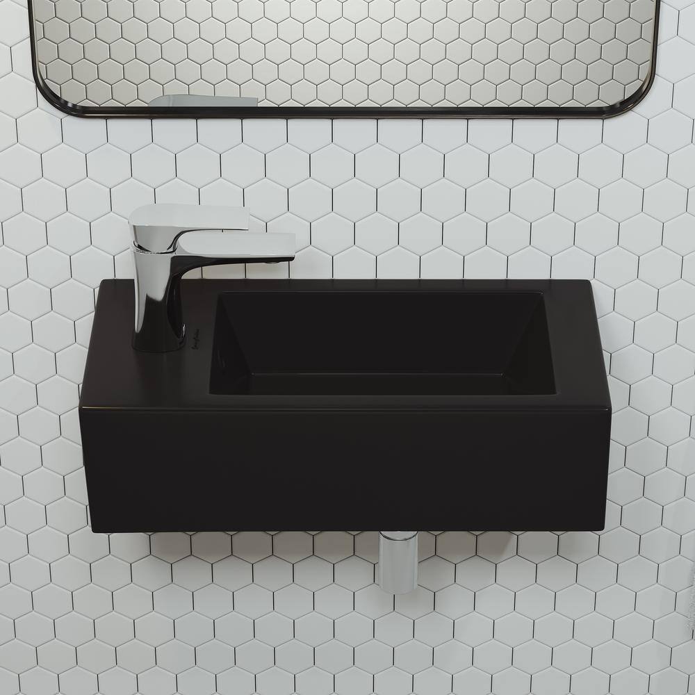 Matte Black Rectangular Ceramic Wall-Mounted Sink with Left Side Faucet