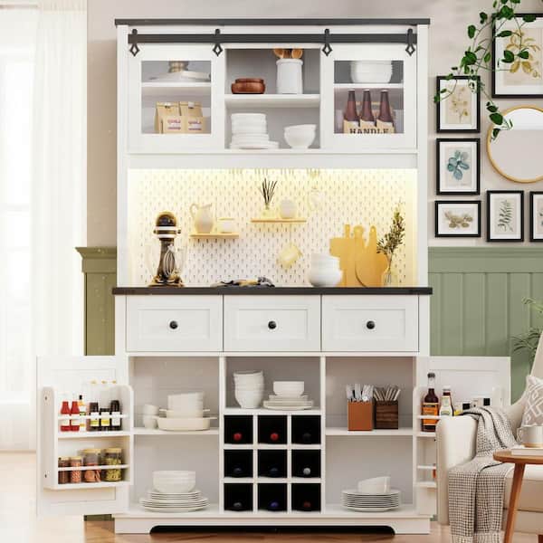 White Oak MDF Wood 47.25 in. W Kitchen Island Rustic Coffee Bar with with Internal Storage Rack and Wine Glasses Rack