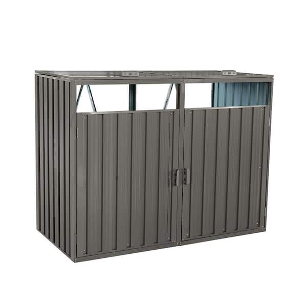 Grey Galvanized Steel Garbage Bin Shed for 2 Trash Cans with Lockable Doors and Lift-Up Lids