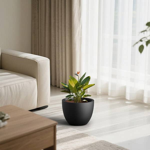 14 in. Medium Matte Black Concrete Round Planter/ Pot (Upgraded Interior) with Drainage Holes