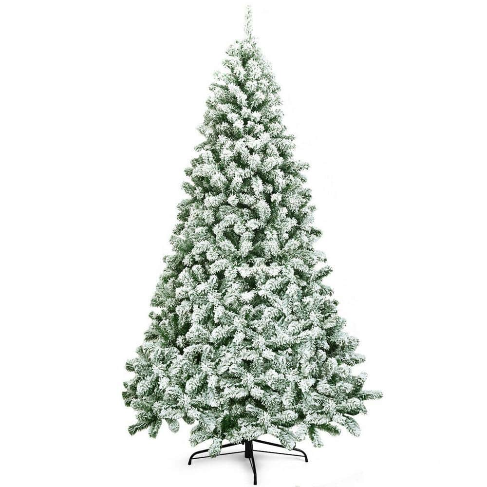 Gymax 7.5 ft. Snow Flocked Artificial Christmas Tree Hinged Artificial Pine Tree with Metal Stand