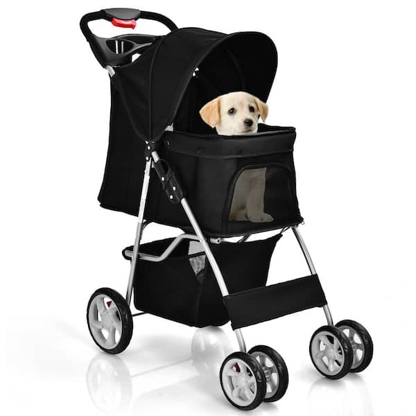 PawHut Travel Pet Stroller One-Click Fold Jogger Pushchair with Swivel Wheels, Brakes, Basket Storage, Safety Belts, Canopy, Brown