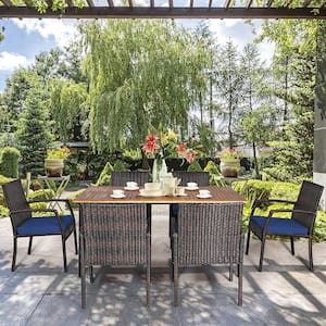 7-Piece Wicker Rectangular Outdoor Dining Set with Navy Cushions