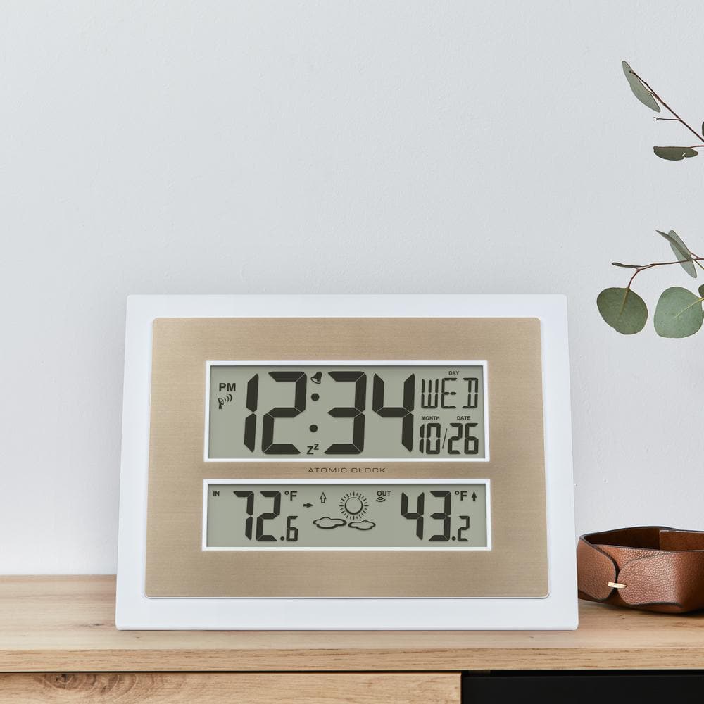 White and Champagne Atomic Digital Wall Clock with Temperature Display