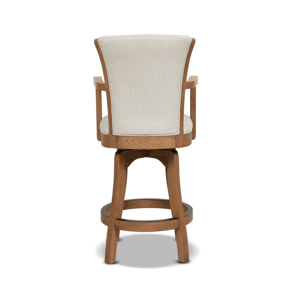 Classic Farmhouse 27" White Leather Swivel Bar Stool with Oak Arms