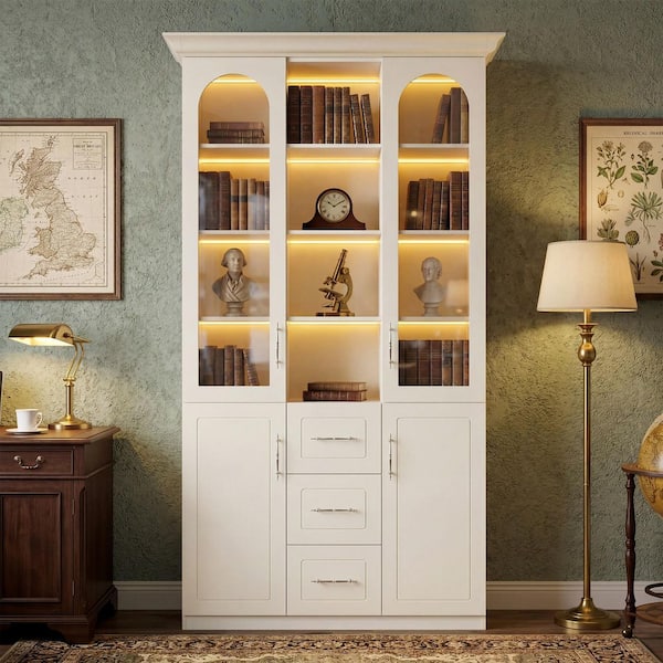 92.5 in. Tall White Engineered Wood 16-Shelf Display Bookcase with Accent Storage Cabinet, Garage Cabinet