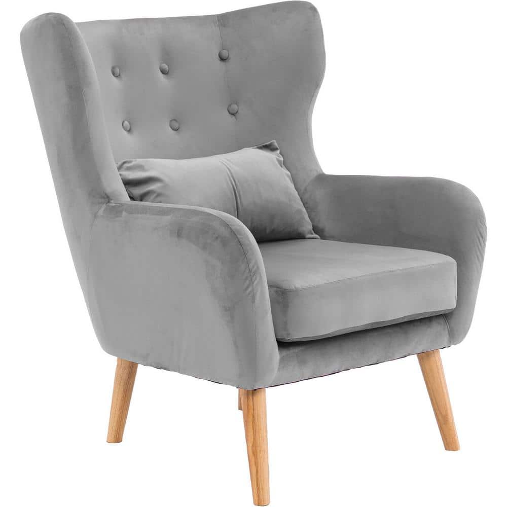 Elegant Gray Faux Velvet Wingback Accent Armchair with Wooden Legs
