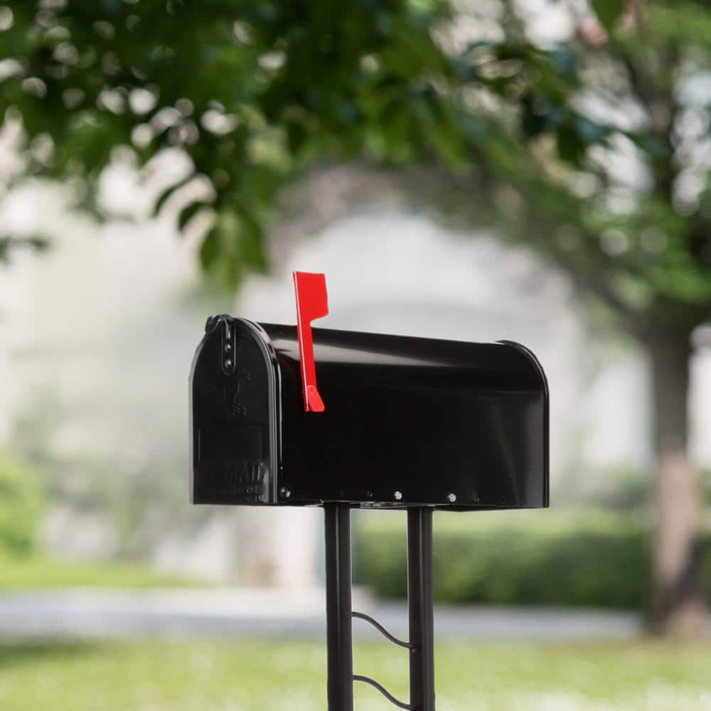 Medium Black Steel Post Mount Mailbox with Decorative Scroll