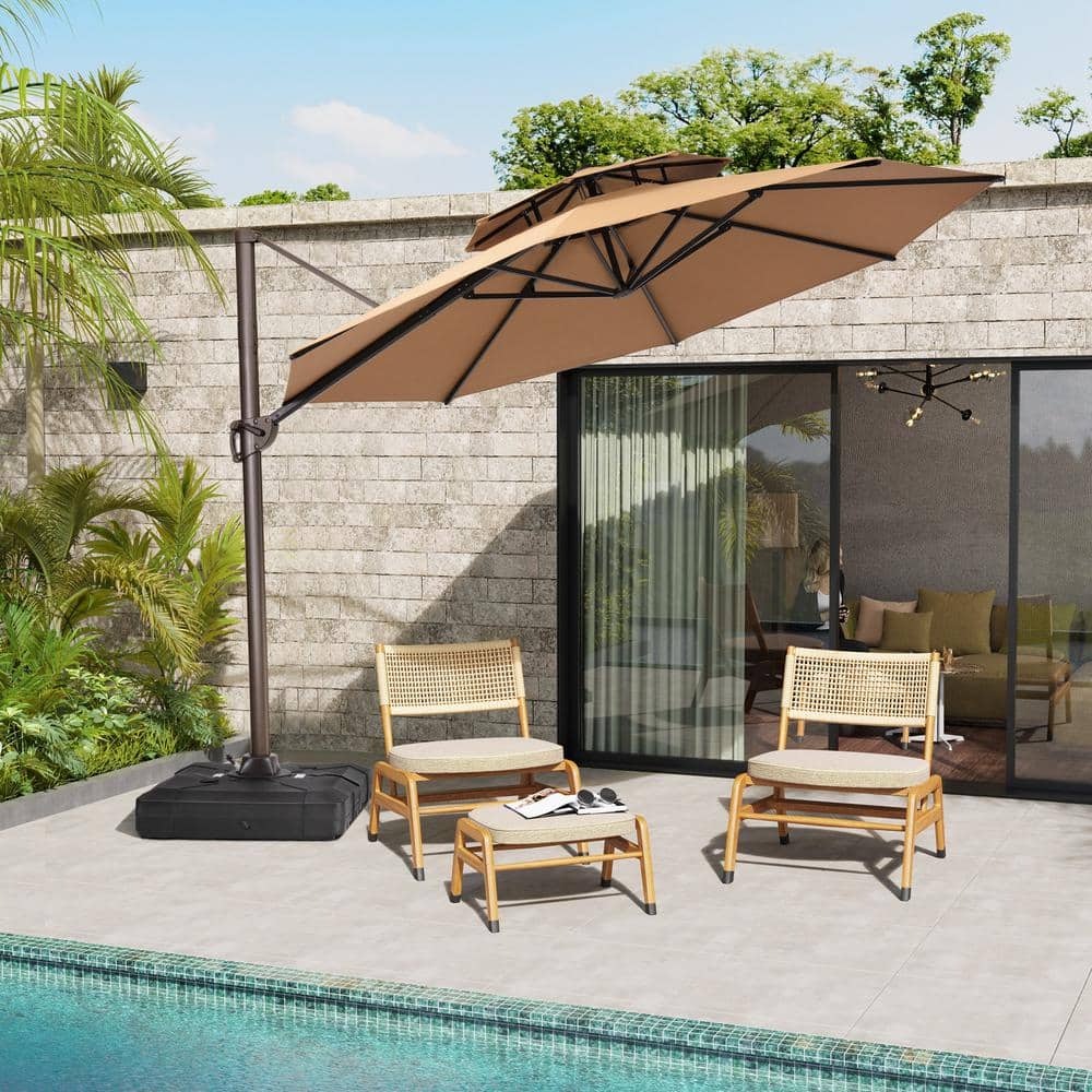 Tan 11 ft. Round Heavy-Duty Cantilever Patio Umbrella with Double Top