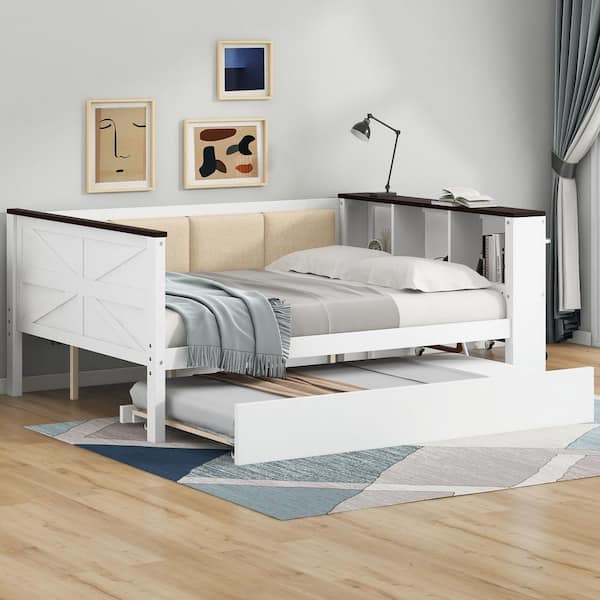 White Full Daybed with Storage Shelves, Upholstered Backrest, USB and Trundle
