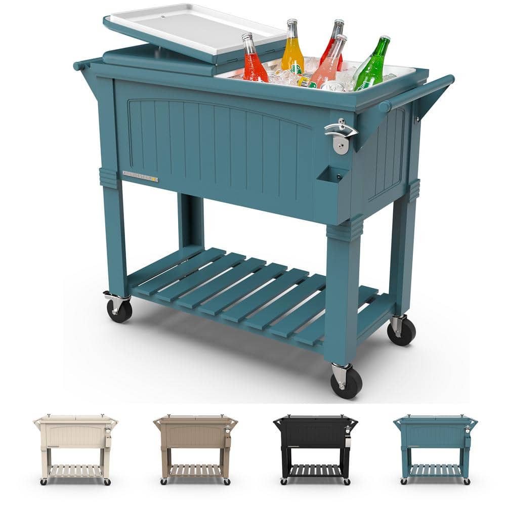 Teal Antique Rolling Wood Patio Cooler with Wheels