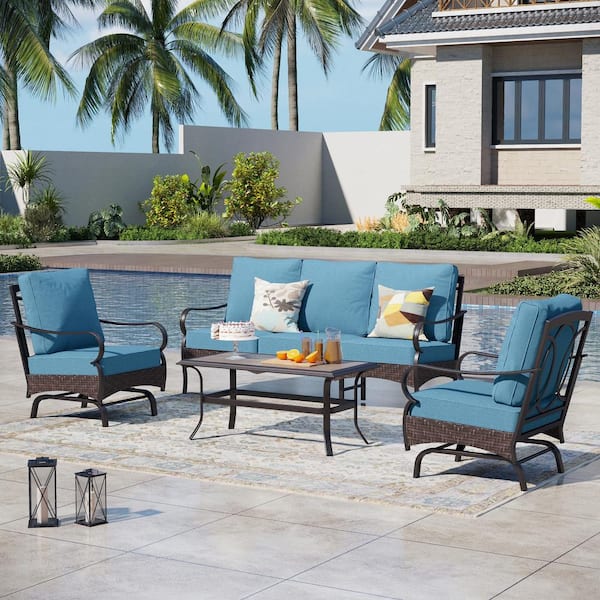 PHI VILLA Rattan 4-Piece 5 Seat Steel Outdoor Patio Conversation Set with Denim Blue Cushions, Motion Sofas and Wood-Grain Table