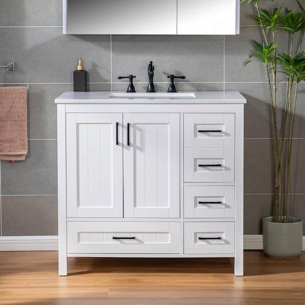 35.88 in. W x 22 in. D Single Sink Freestanding Bath Vanity in White with Rubberwood Cabinet and Stone Vanity Top