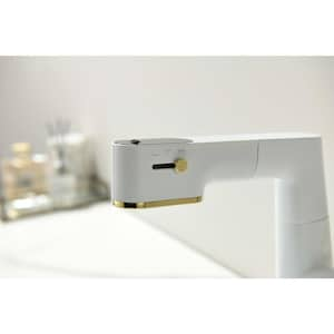 Single Handle High Arc Single Hole Bathroom Faucet with Pull-Out Sprayer and Temperature Display in Matte White