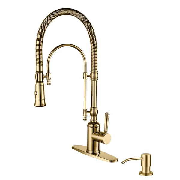20.7 in. H Single Handle Deck Mount Pull Down Sprayer Kitchen Faucet with 360° Spout Swivel in Brushed Gold