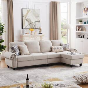 111.82 in. Rolled Arm Fabric L Shape Sectional Sofa with Reversible Ottoman in Beige