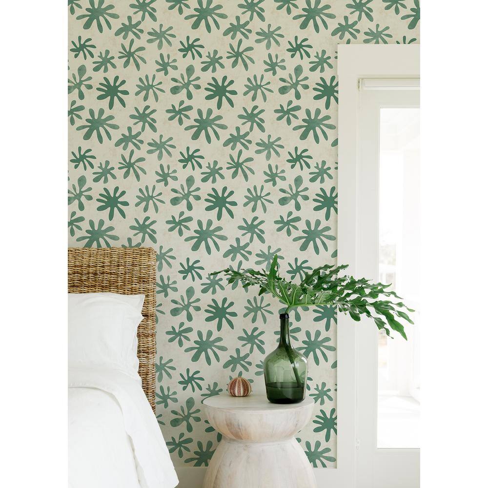 Green and Off-White Vinyl Floral Peel and Stick Wallpaper