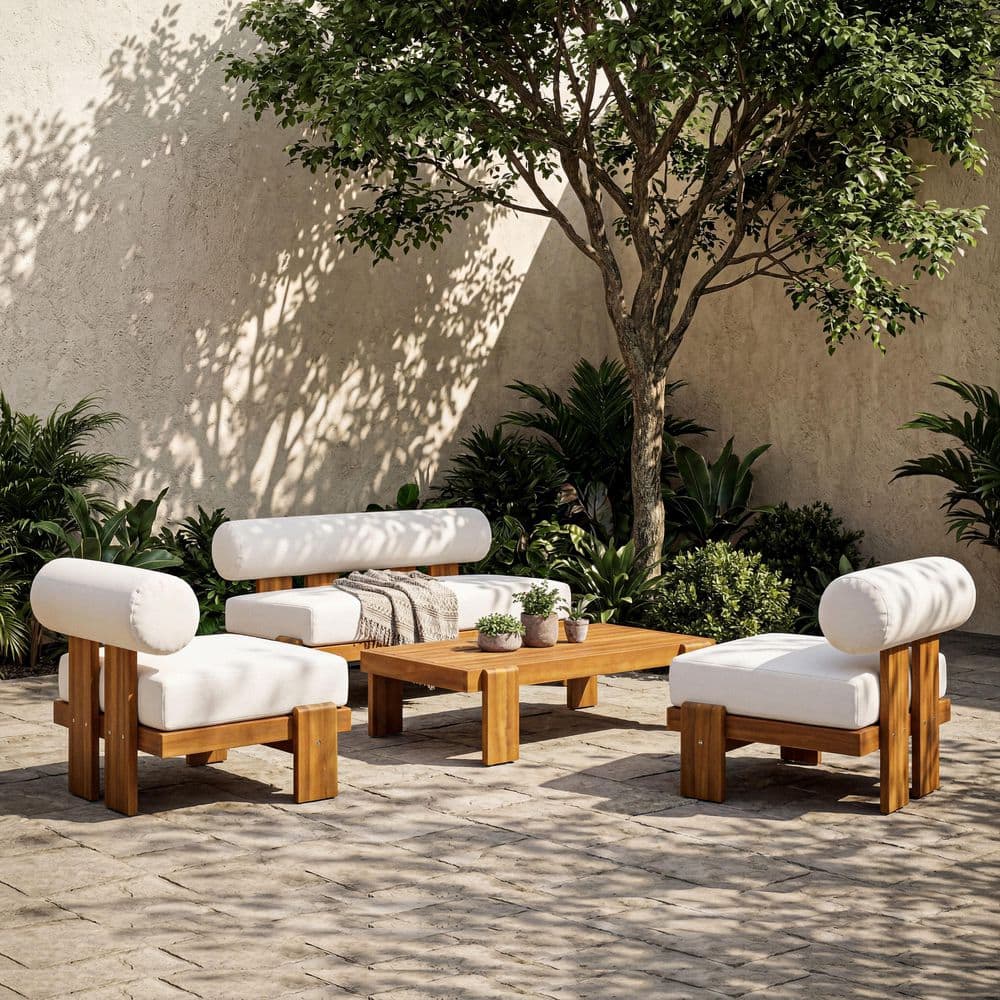 Beryl Teak Finish 4-Piece Outdoor Solid Wood Patio Conversation Set with Beige Cushions and Round Back Design