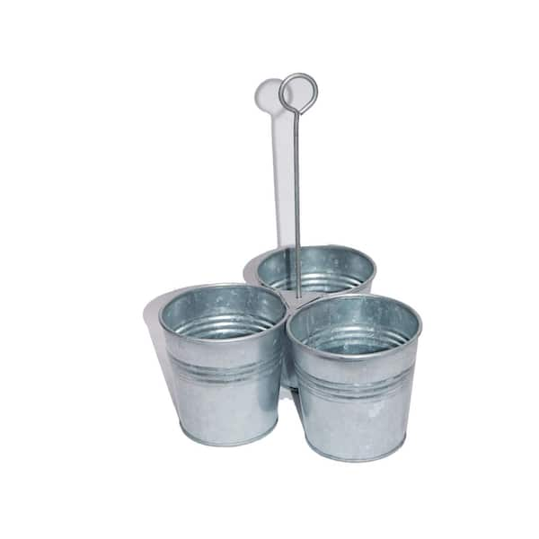 Benzara Galvanized Metal Gray Color Cutlery Holder with 3-Buckets and Ring Holder