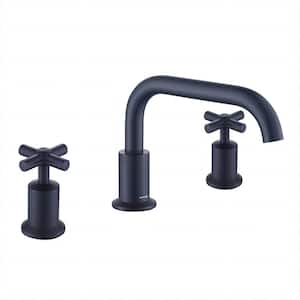 Modern 8 in. Widespread Double Handle 360-Degree Swivel Spout Bathroom Faucet with Drain Kit Included in Matte Black