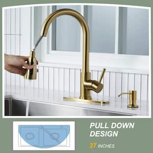 Single Handle Pull Down Sprayer Kitchen Faucet with 3-Function Sprayer and Soap Dispenser in Brushed Gold