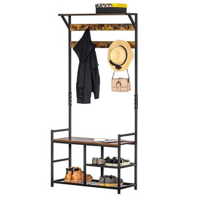 Brown/Black Freestanding Entryway Coat Rack Shoe Bench with 9 Hanging Hooks & 3 Storage Shelves