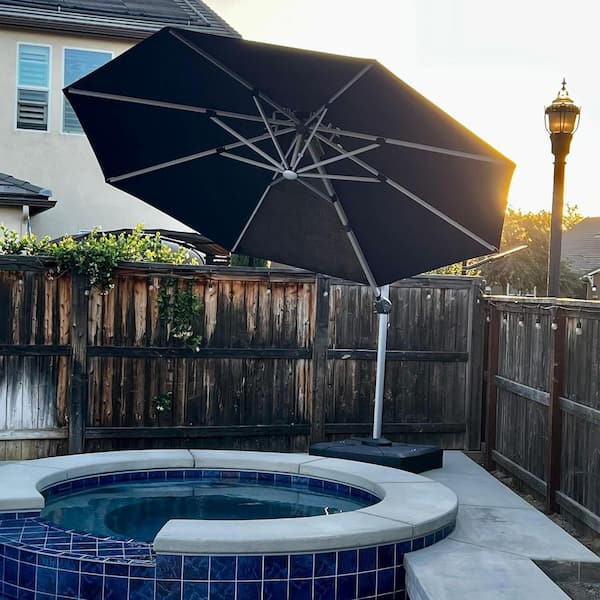 11 ft. Octagon Aluminum Solar Powered LED Patio Cantilever Offset Umbrella with Stand, Gray
