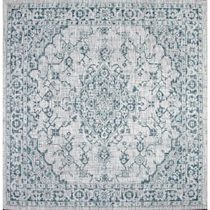 Rozetta Boho Gray/Teal 5 ft. Medallion Textured Weave Indoor/Outdoor Square Area Rug