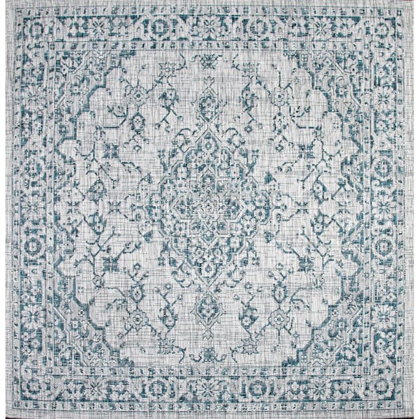 Rozetta Boho Medallion Textured Weave Gray/Teal 5 ft. Square Indoor/Outdoor Area Rug