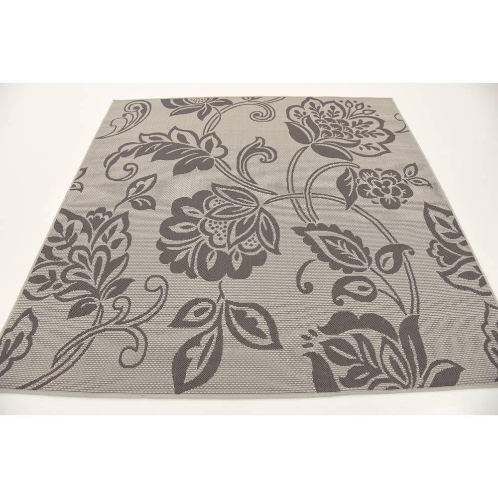 Floral Gray Synthetic 6' Square Outdoor Rug - Stain-Resistant & Easy Care