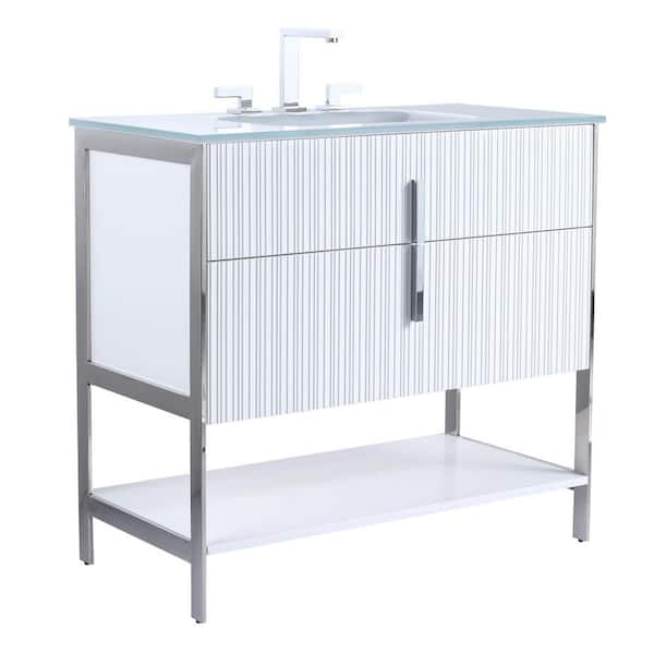 FINE FIXTURES 36 in. W x 18 in. D x 33.5 in. H Bath Vanity in White Matte with Glass Vanity Top in White with Chrome Hardware