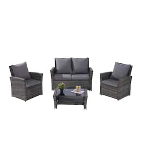 4 piece patio PE Wicker Outdoor Sectional Set with tempered glass coffee table Dark Gray seat Cushion Guard