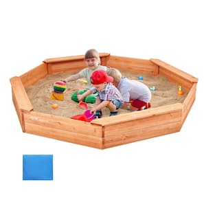 Wooden Sandbox with Cover, 6 ft. W x 6 ft. L Octagonal Sandbox, Sand Pit with 4 Seating and Bottom Liner