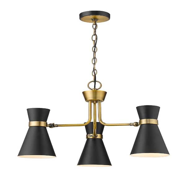 Unbranded Soriano 3-Light Matte Black Plus Heritage Brass Chandelier with Metal Shade