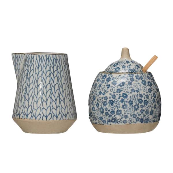 8 fl. oz. Blue and White Hand-Painted Stoneware Sugar Pot and Creamer (Set of 2)