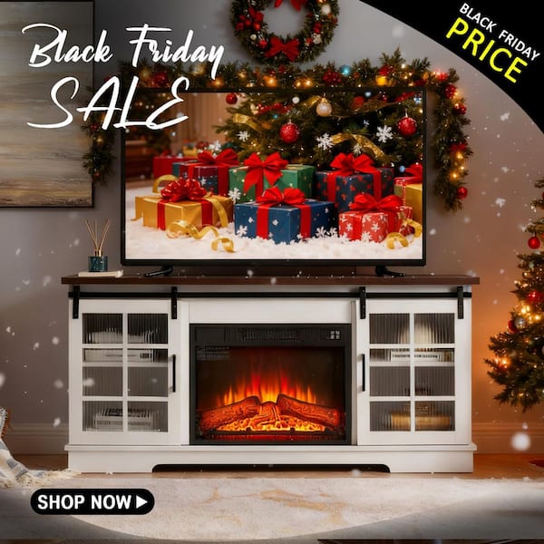 SUNRINX 59 in. Freestanding Electric Fireplace TV Stand with 2 Sliding Fluted Glass Doors in White