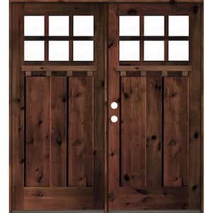 72 in. x 80 in. Craftsman Knotty Alder RM Stained/Dentil Shelf Right-Hand 12-Lite Clear Wood Double Prehung Front Door