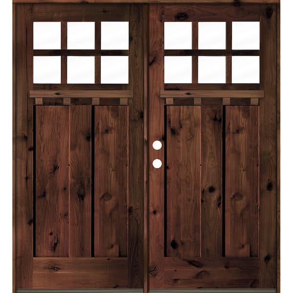 Krosswood Doors 72 in. x 80 in. Craftsman Knotty Alder RM Stained/Dentil Shelf Right-Hand 12-Lite Clear Wood Double Prehung Front Door